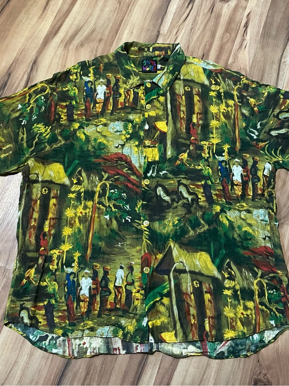 Rare VTG Jams World Bali Life Hawaiian Shirt Men XL Rayon Art Village Scenic 90s
